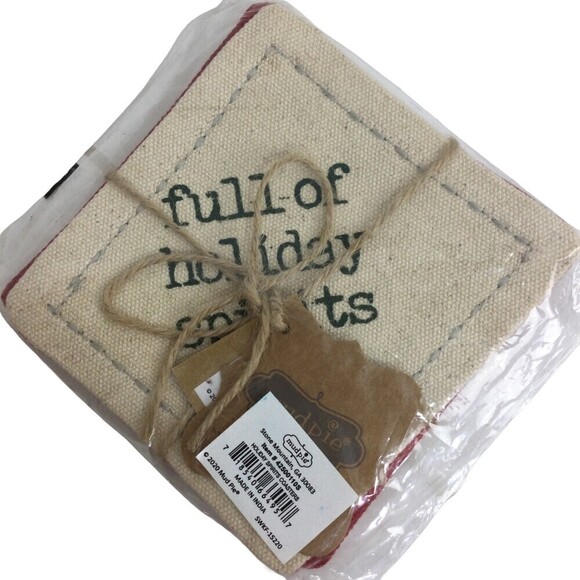 Mud Pie H1 Full of Holiday Spirits Christmas 4"x4" Canvas Coaster Set 42500110S - Picture 2 of 6
